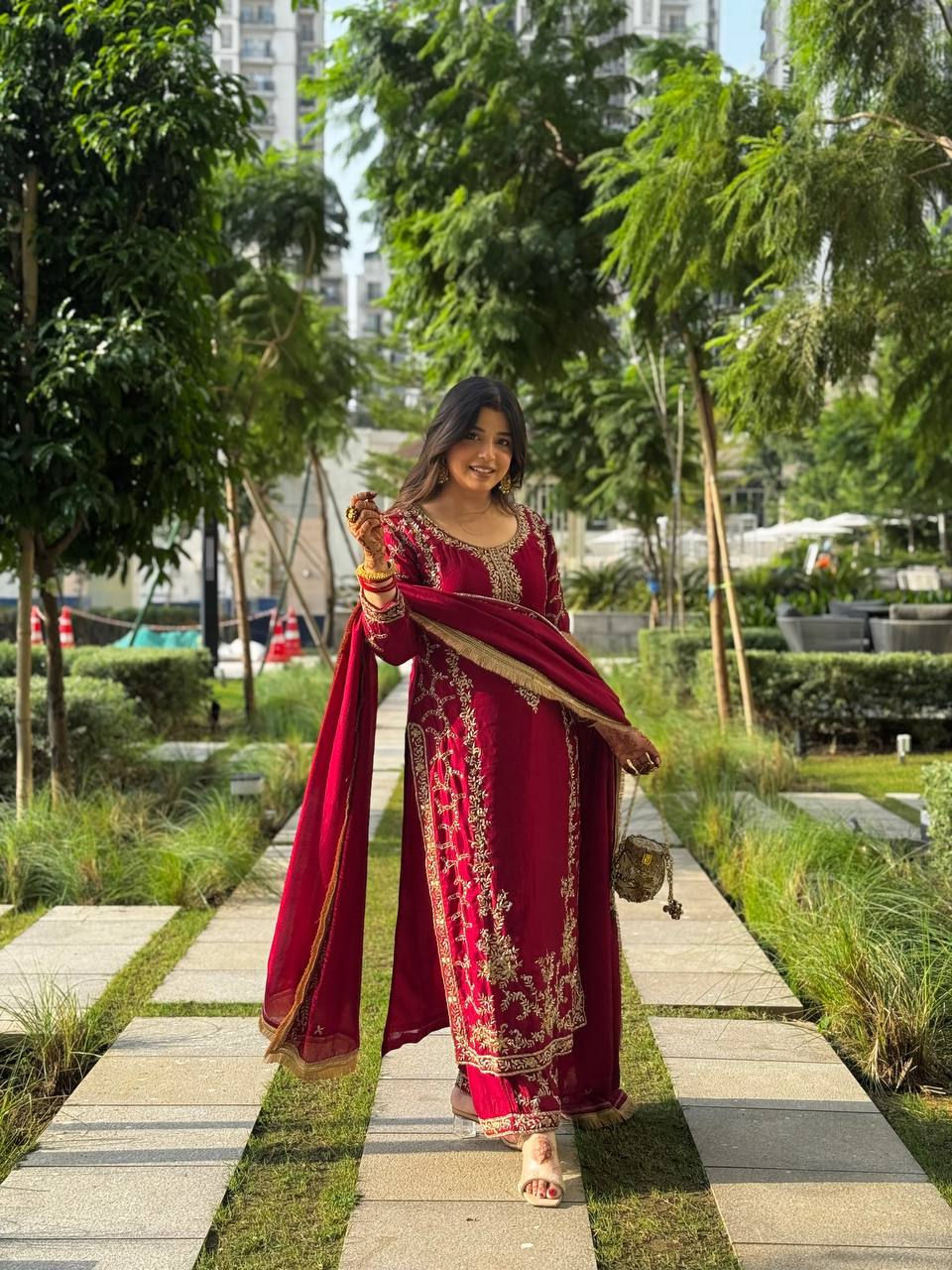 Thumbnail: Faux Georgette Embroidered Palazzo Set with Dupatta Thread Sequin Ethnic Suit fo