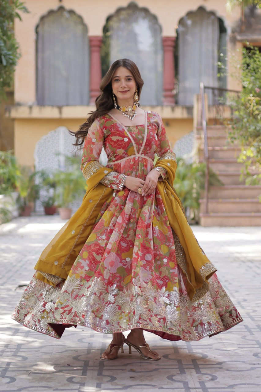 Thumbnail: Premium Readymade Alia Cut Gown with Dupatta | Designer Indian Gown for Women