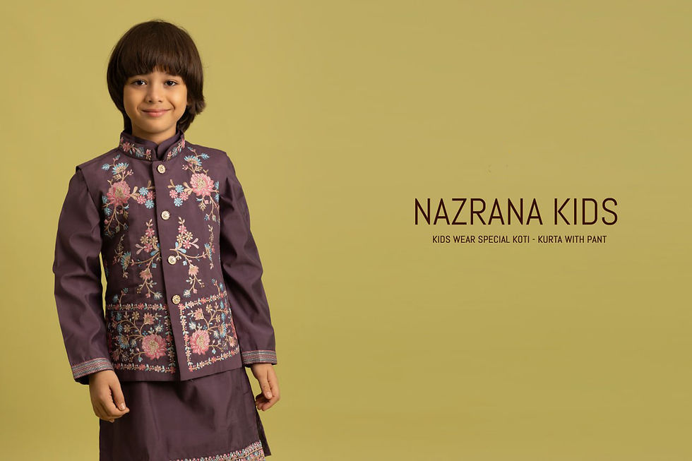 Thumbnail: Kids Wedding Special Koti Kurta Pant Set  Sequence Embroidered Silk Ethnic Wear
