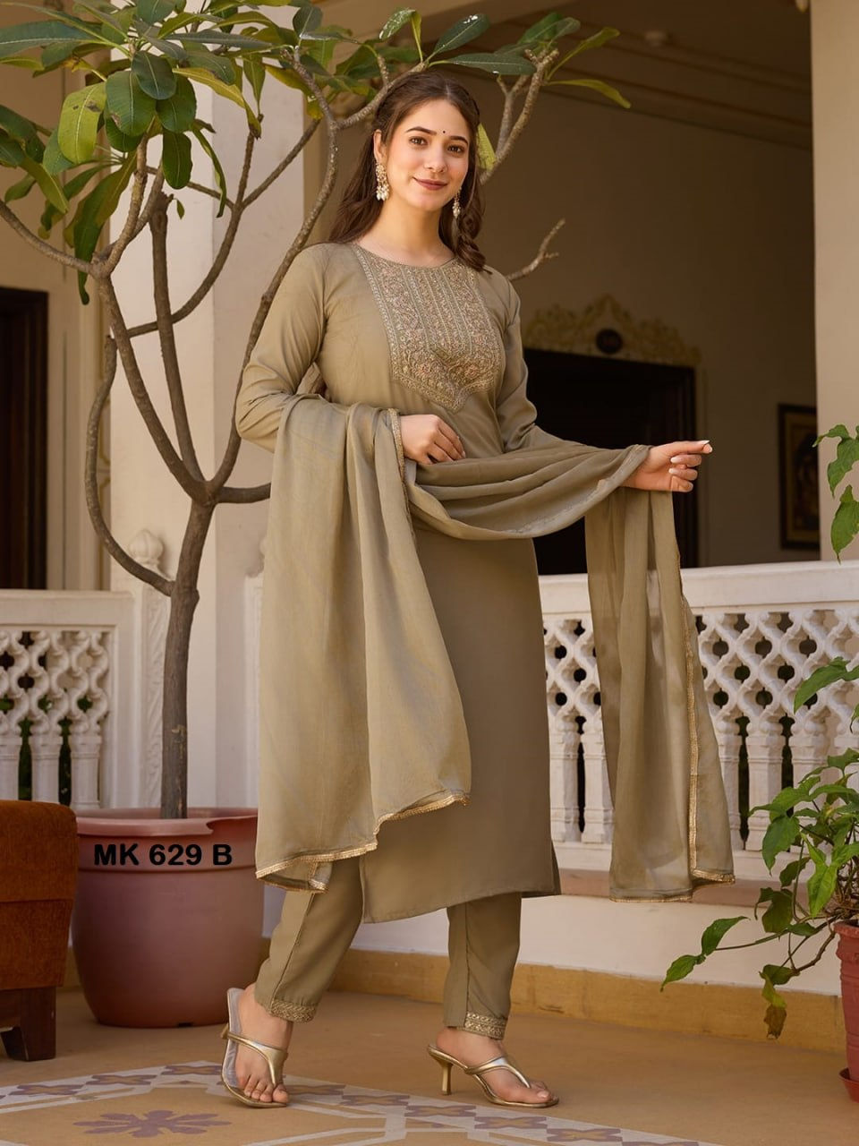 Thumbnail: Rayon Kurti Pant Set Zari Dori Sequins Embroidery Chinon Silk Dupatta Ethnic