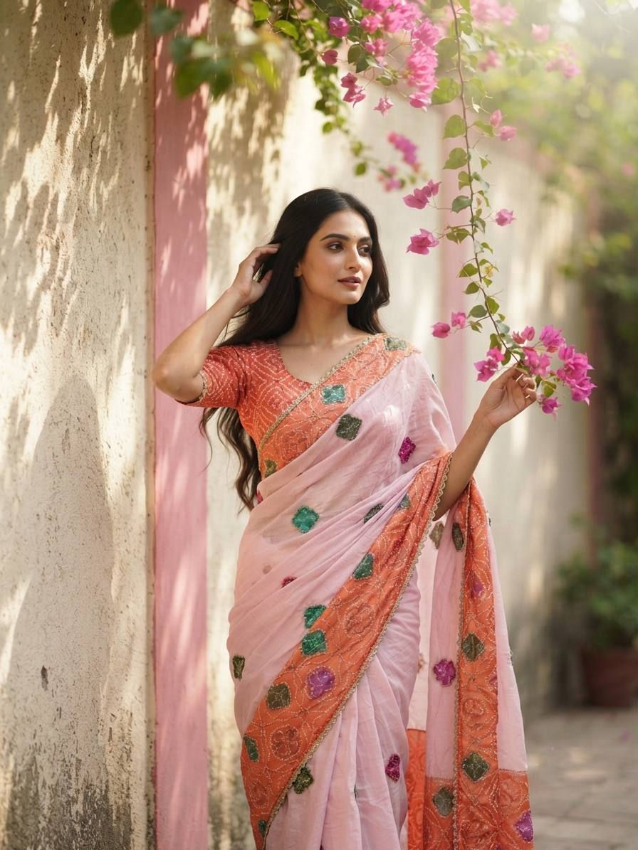 Space Silk Saree with Digital Print Bhungali Work & Lace Border