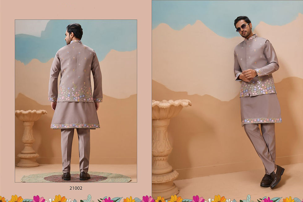 Thumbnail: Mens Wedding Kurta Koti Pant Set Multi Thread Embroidery Premium Ethnic Outfit