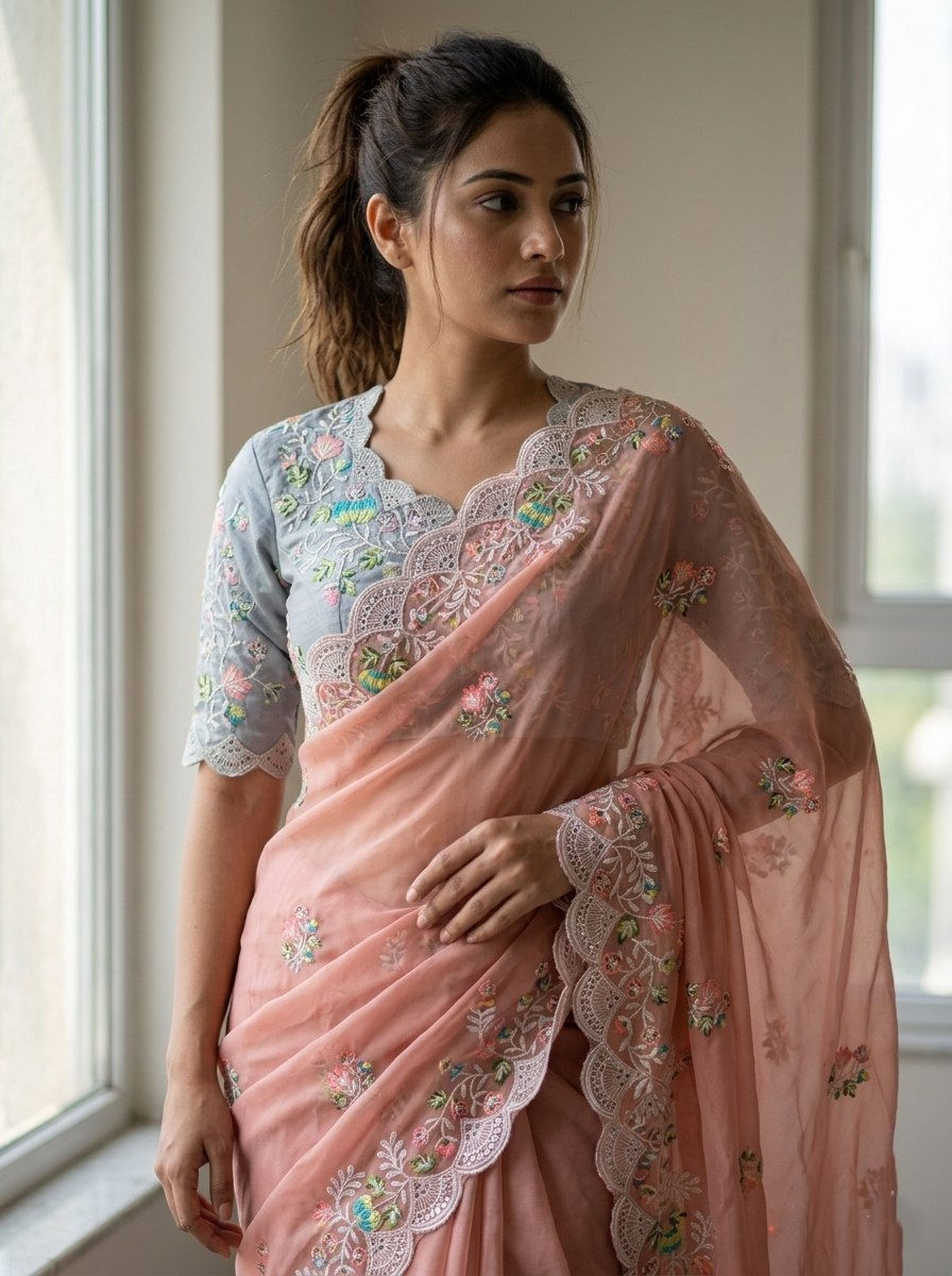 Thumbnail: Women's Fox Georgette Heavy Embroidered Saree with Mono Banglory Silk Blouse