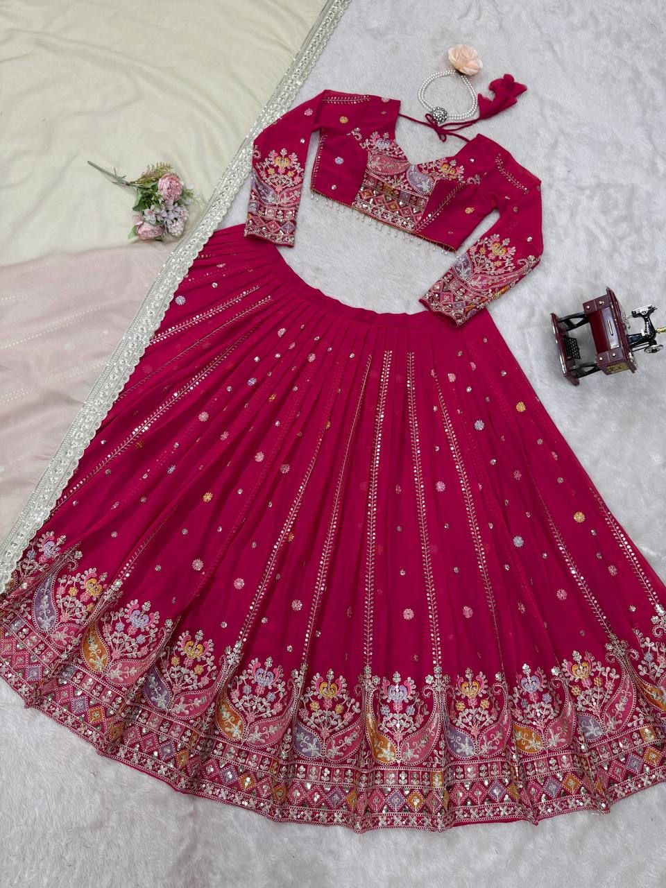 Thumbnail: Faux Georgette Lehenga Thread Sequins Work Women Festive Bridal Outfit
