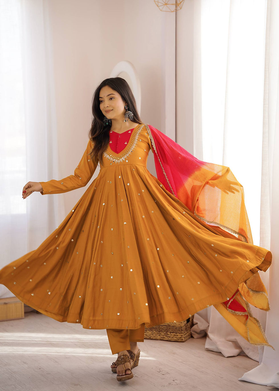 Thumbnail: Roman Silk Embroidered Gown Pant Dupatta Set for Women with Real Mirror Work Fes