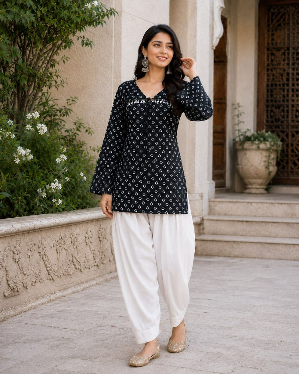 Thumbnail: Pure Cotton Bandhej Print Co-Ord Set with Crop Kurti, Designer Overlay Top & Lin