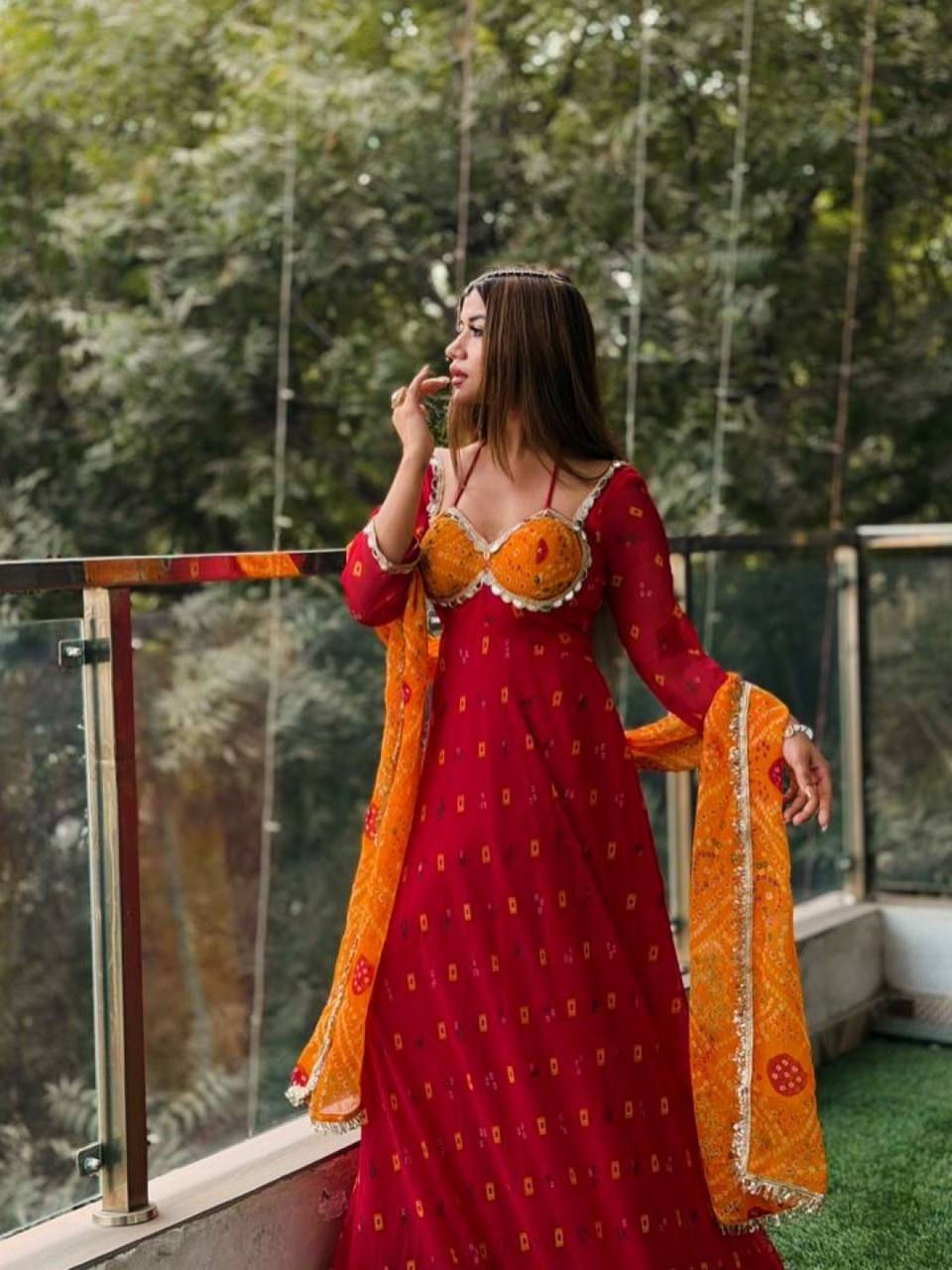 Designer Faux Georgette Digital Printed Flared Gown Pant Set with Real Mirror Wo