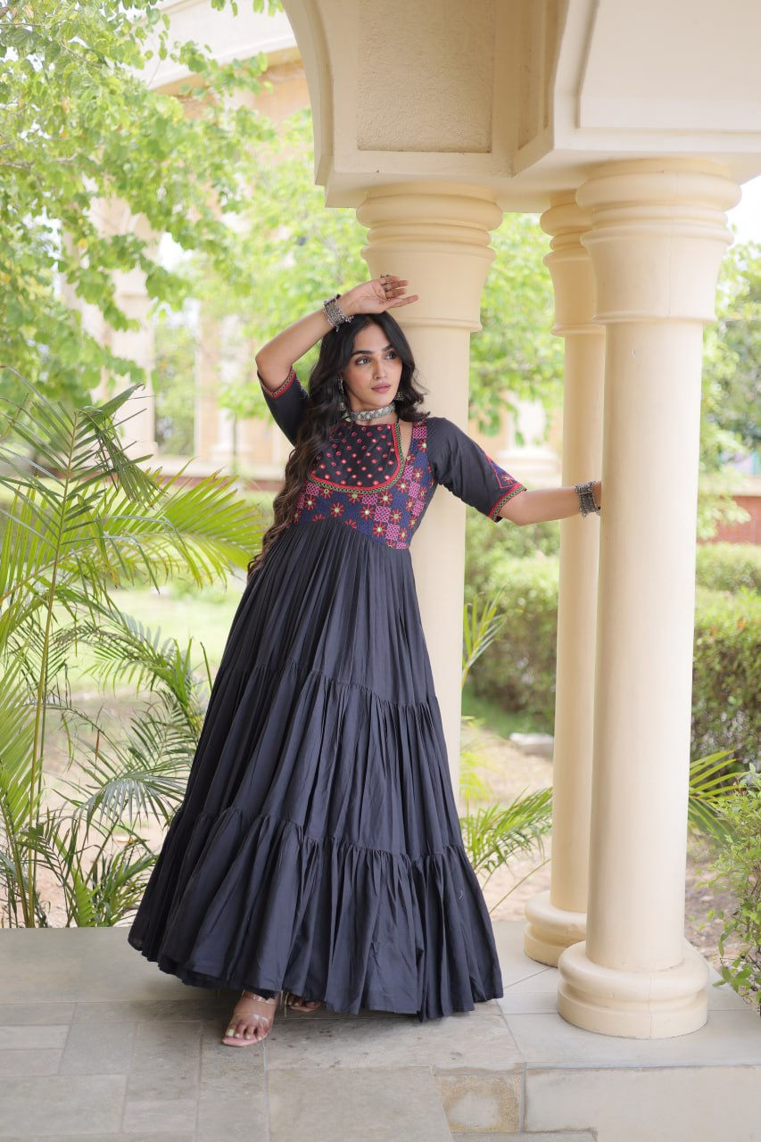 Thumbnail: Women's Kora Cotton Multi Thread Embroidered Gown with Real Mirror Work