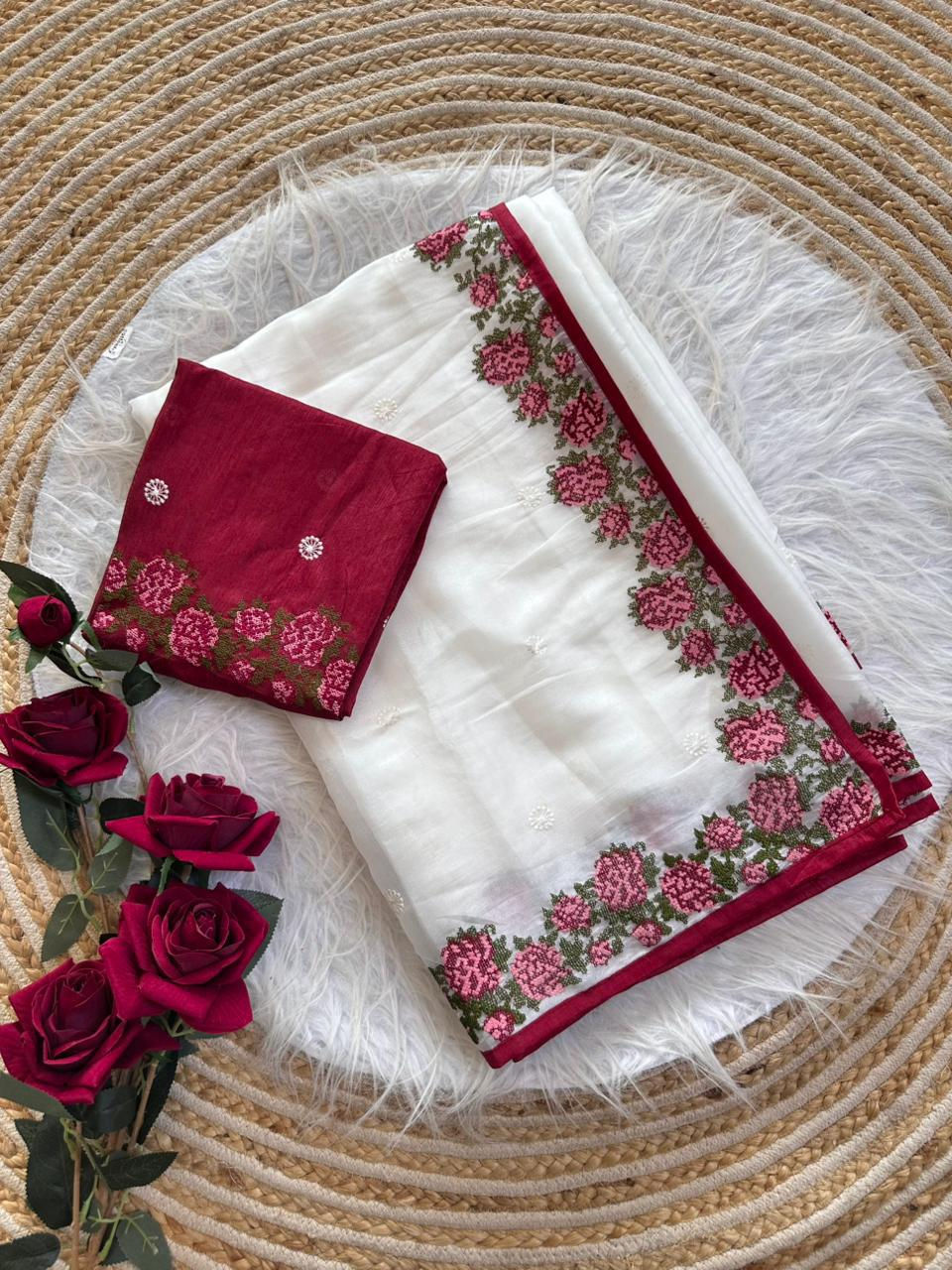 Thumbnail: Women Shimmer Tissue Silk Saree with Cross Stitch Embroidery and Raw Silk Blouse