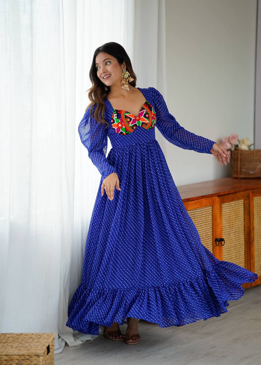 Thumbnail: Designer 4 Meter Flare Ready to Wear Gown with Padding & TasselsDesigner 4 Meter