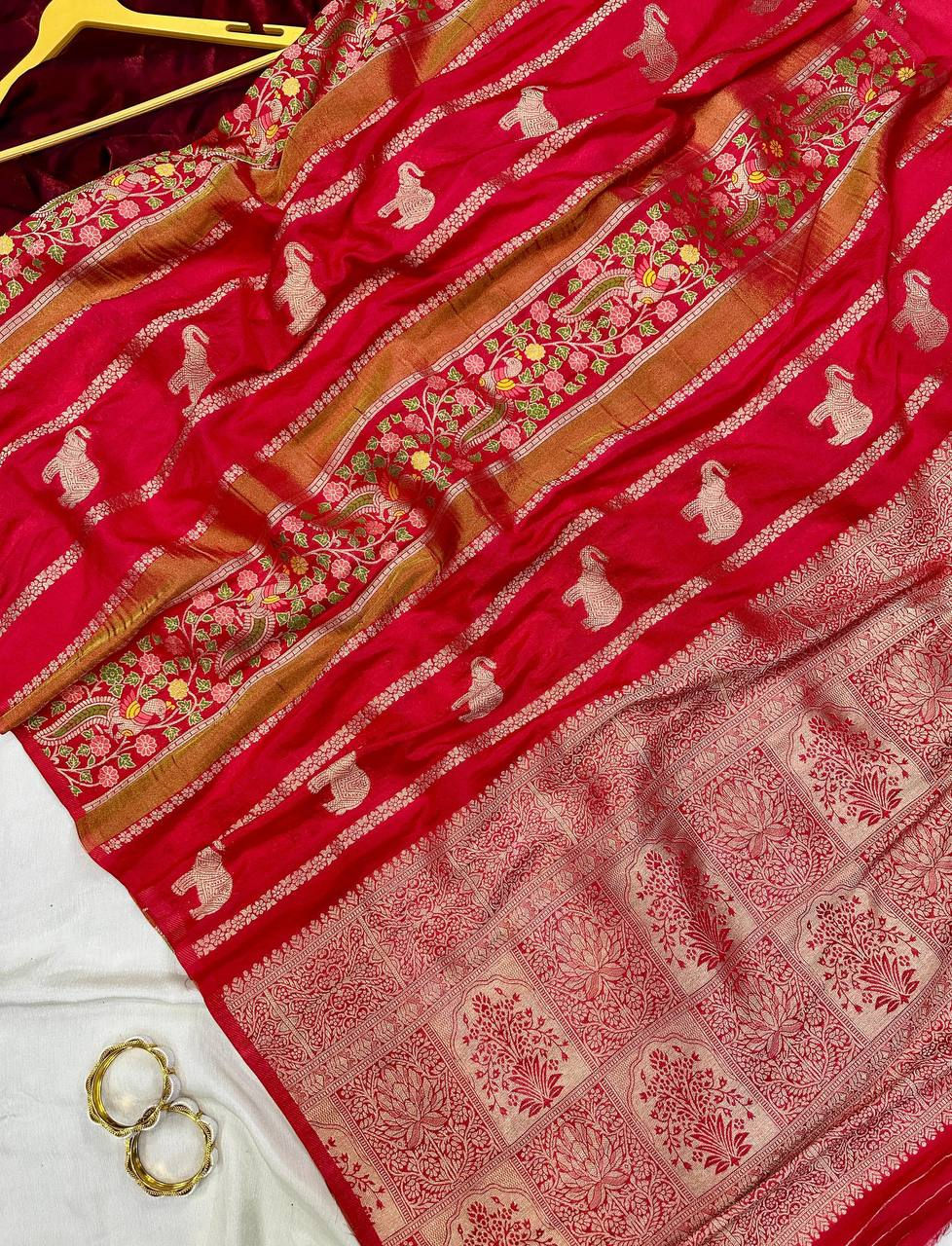 Thumbnail: Khadi Crepe Tissue Silk Saree with Peacock Zari Wedding Wear Saree