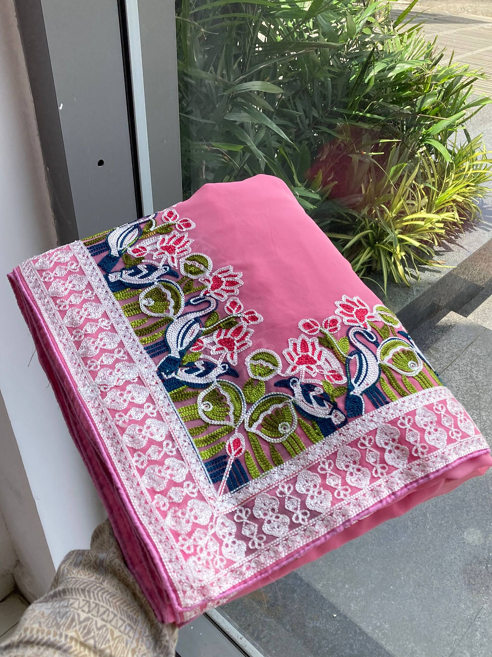 Thumbnail: Women Georgette Saree with Embroidery Lace Border Party Wear Ethnic Saree