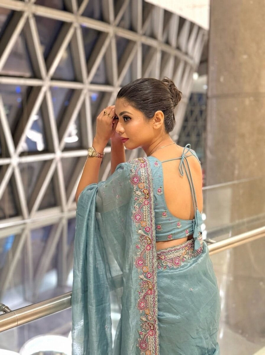 Thumbnail: Women Soft Tissue Chiffon Silk Saree with Zarkan Embroidery Wedding Wear Saree