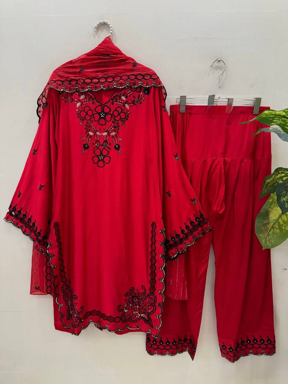 Thumbnail: Mull Chanderi Kurti Farshi Salwar Set Sequins Embroidery Jacquard Dupatta Festiv