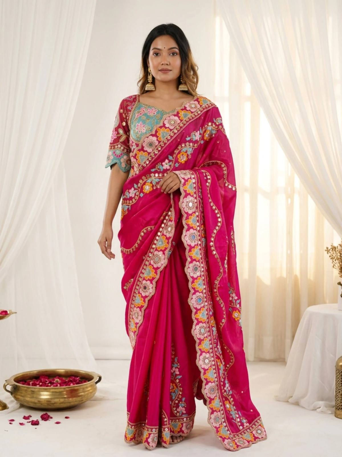 Women Cherry Red Rangoli Silk Saree with Mirror Work, Multicolor Embroidery and