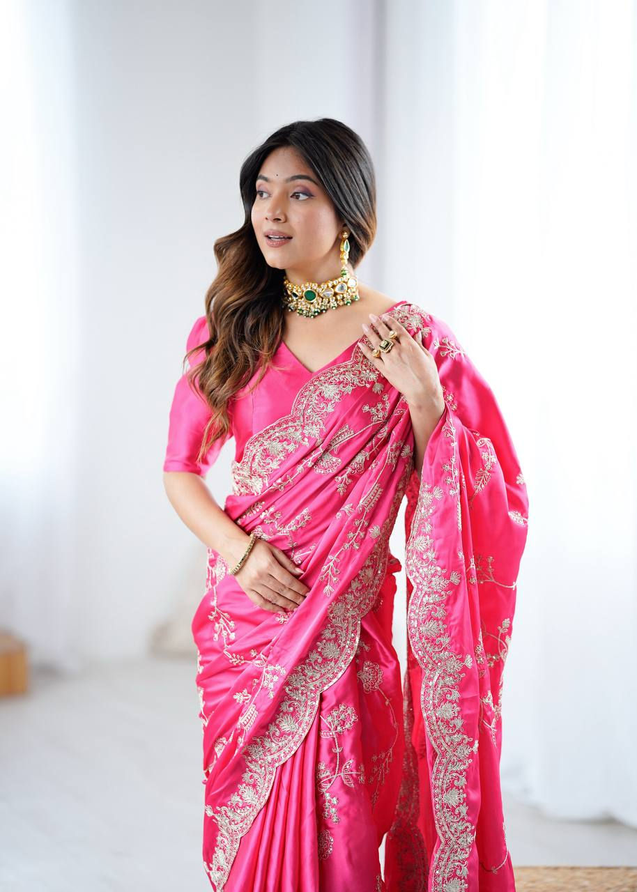 Thumbnail: Heavy Japan Satin Silk Saree with Coding & Sequins Embroidery Work | Designer We