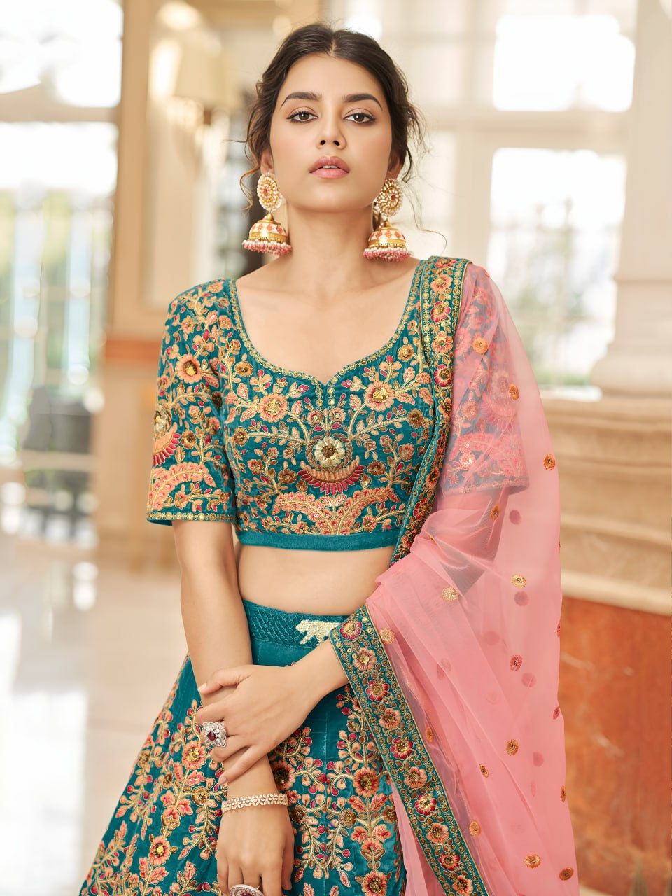 Thumbnail: Velvet Lehenga Sequins Embroidery Women Bridal Festive Ethnic Outfit with Dupatt