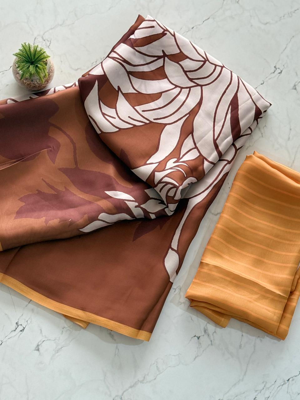 Thumbnail: Women Premium Soft Satin Digital Printed Saree with Printed Satin Blouse