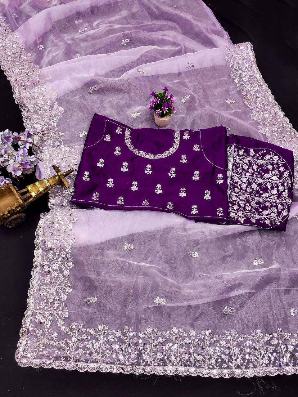 Thumbnail: Women Soft Organza Saree with C Pallu Embroidery and Cutwork Border