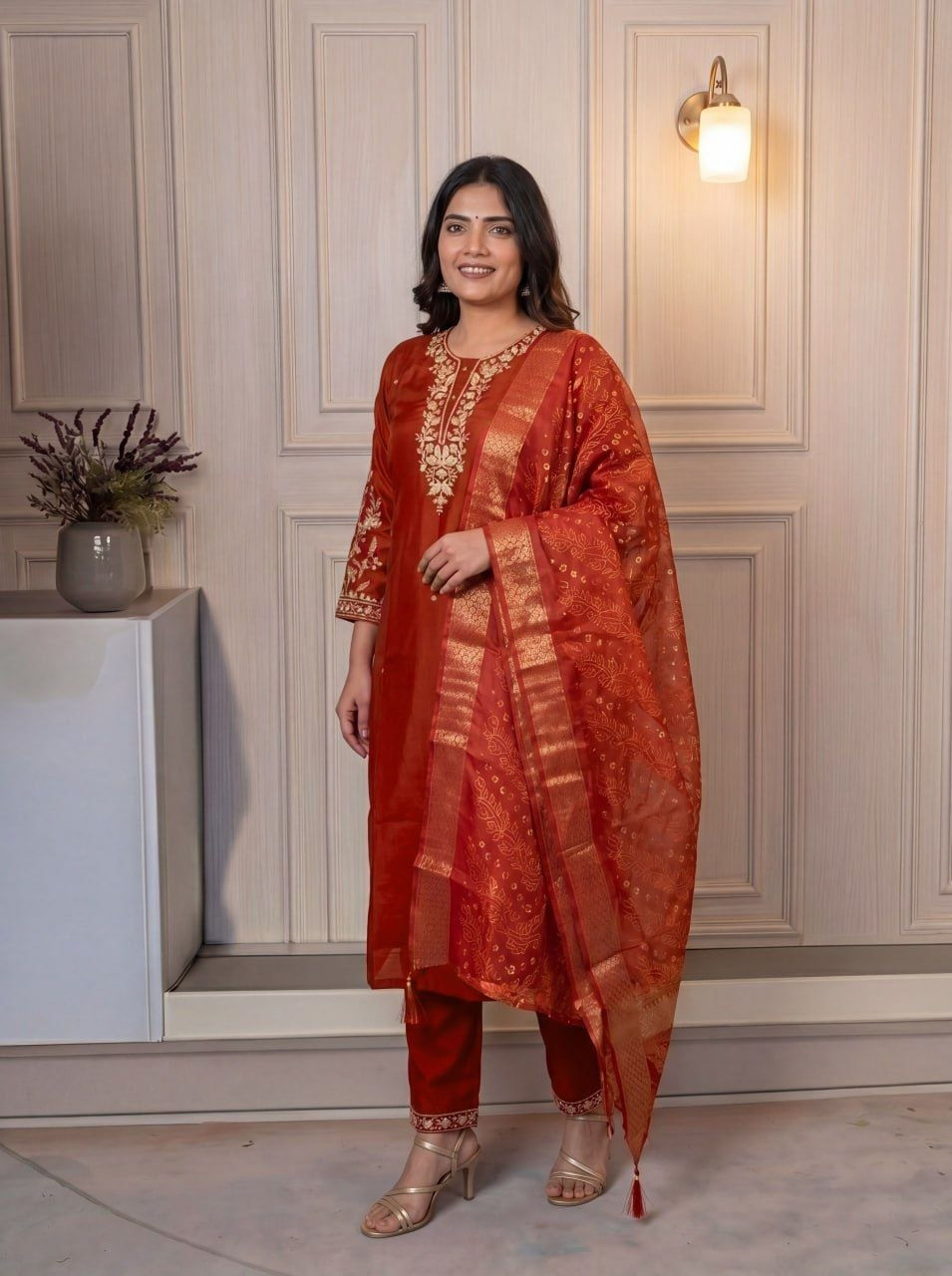 Thumbnail: Women's Cotton Blend Kurta Pant Set with Jacquard Printed Dupatta