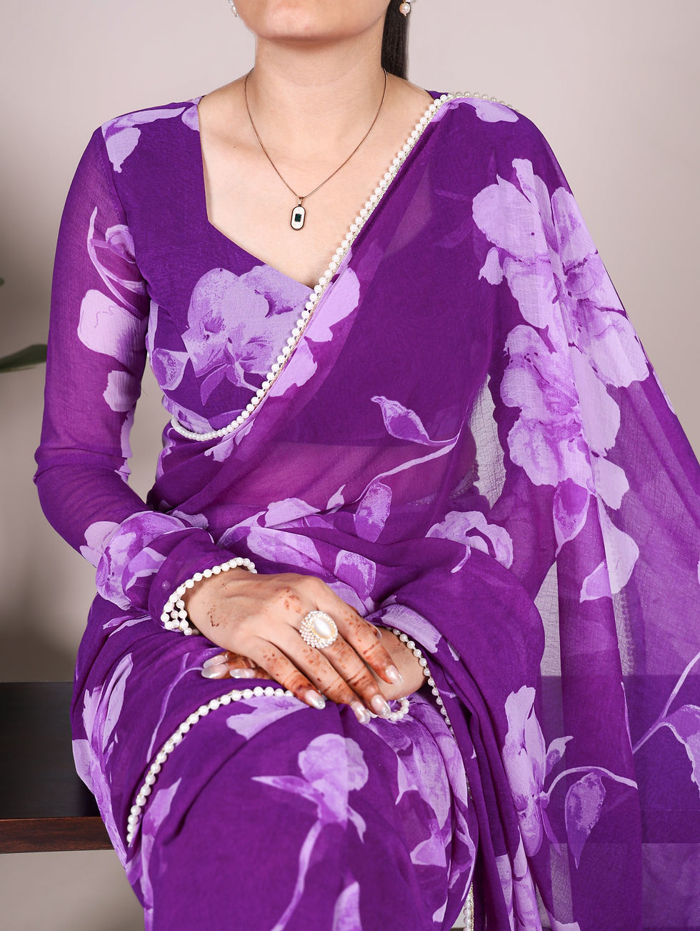 Thumbnail: Chiffon Floral Print Saree with Pearl Lace Border