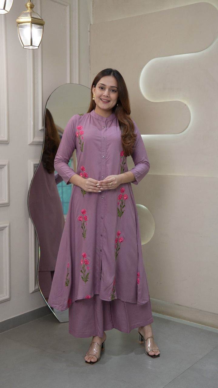 Thumbnail: Women Heavy Rayon Embroidered Kurti Palazzo Set Ethnic Casual Festive Wear Suit