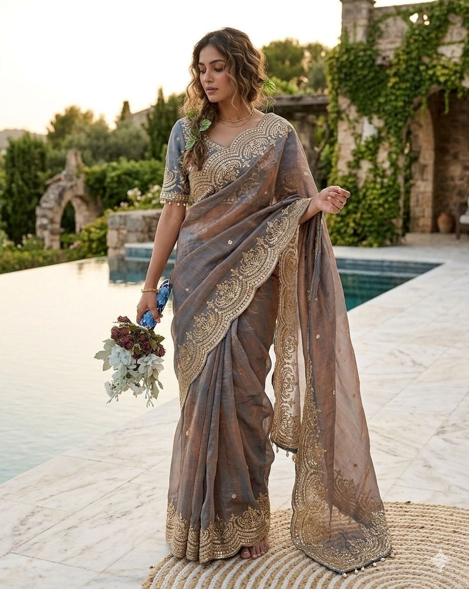 Thumbnail: Women Fendy Chiffon Two Tone Saree with Sequins Embroidery and Stitched Blouse
