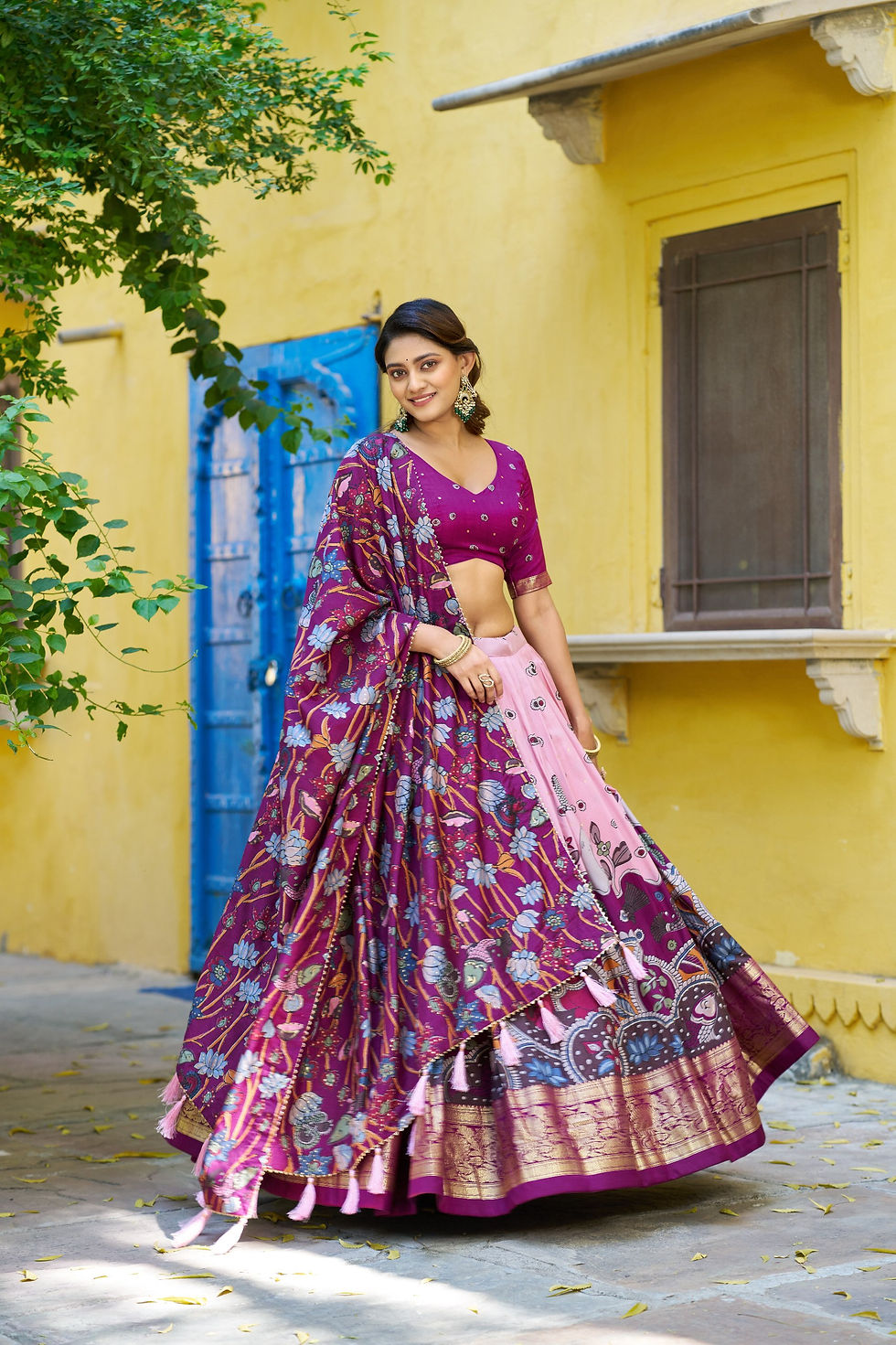 Thumbnail: Tasar Silk Kalamkari Lehenga Choli Foil Border Dupatta Festive Traditional Wear