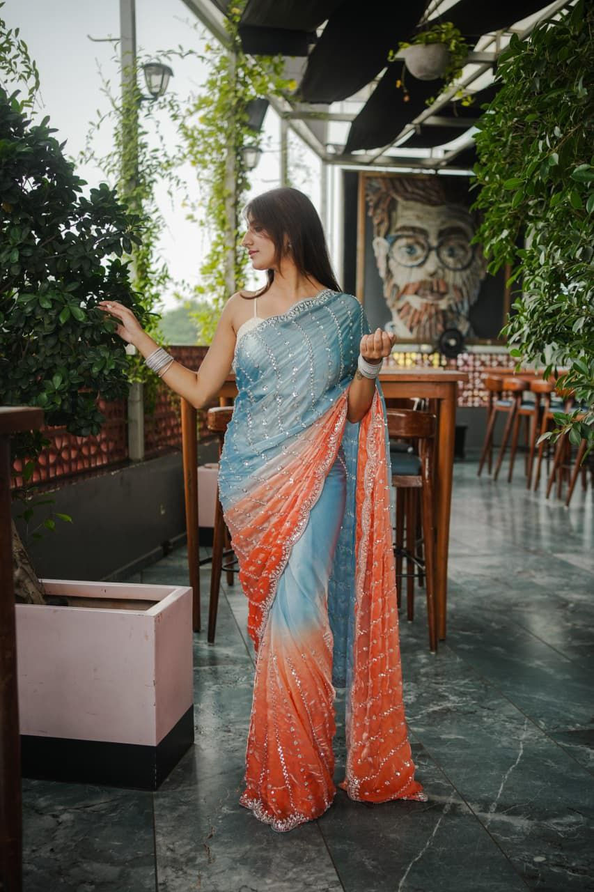 Thumbnail: Pure Space Silk Party Wear Saree with Original Gold Beads Handwork