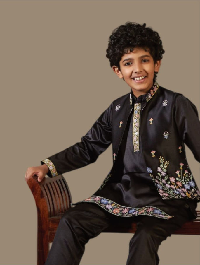 Thumbnail: Boys Satin Kurta Koti Set Multi Thread Sequence Embroidered Ethnic Wear
