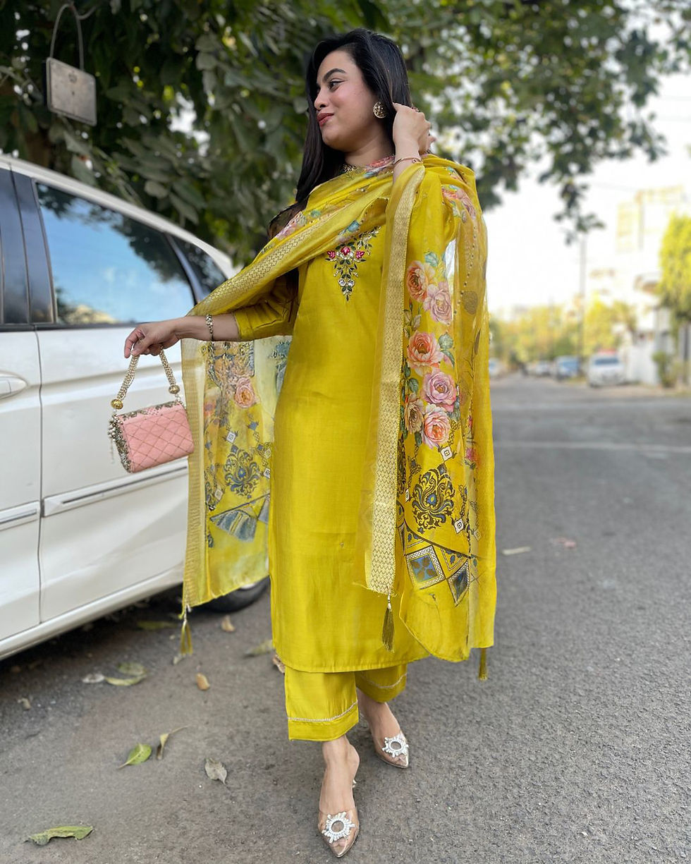 Thumbnail: Women's Embroidered Kurti Pant Set with Jacquard Dupatta for Festive and Party W