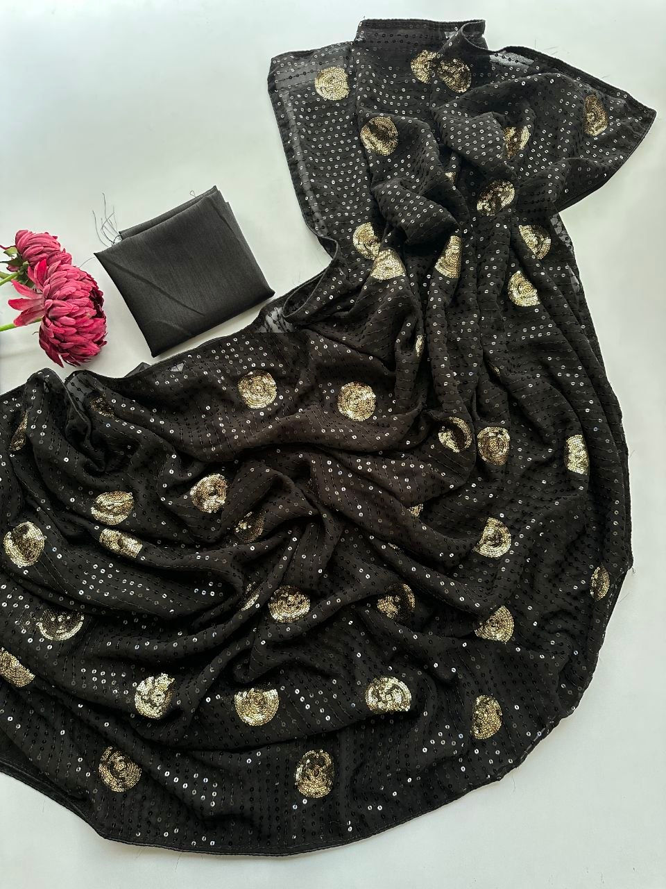 Thumbnail: Women Faux Georgette Saree with Dual Sequins Embroidery Work and Banglori SilK