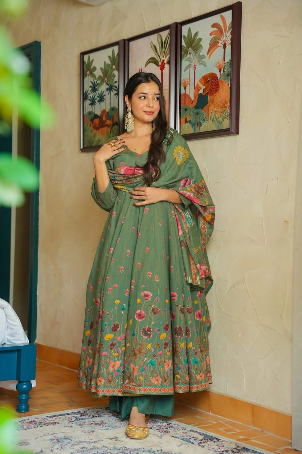 Thumbnail: Muslin Anarkali Kurti Set with Dupatta Printed Festive Ethnic Outfit