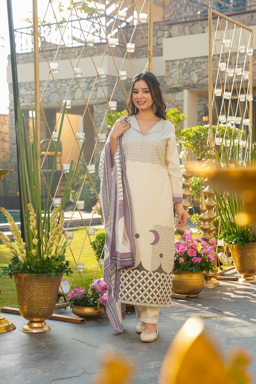 Thumbnail: Printed Muslin Kurti Pant Set with Dupatta Festive Traditional Ethnic Wear