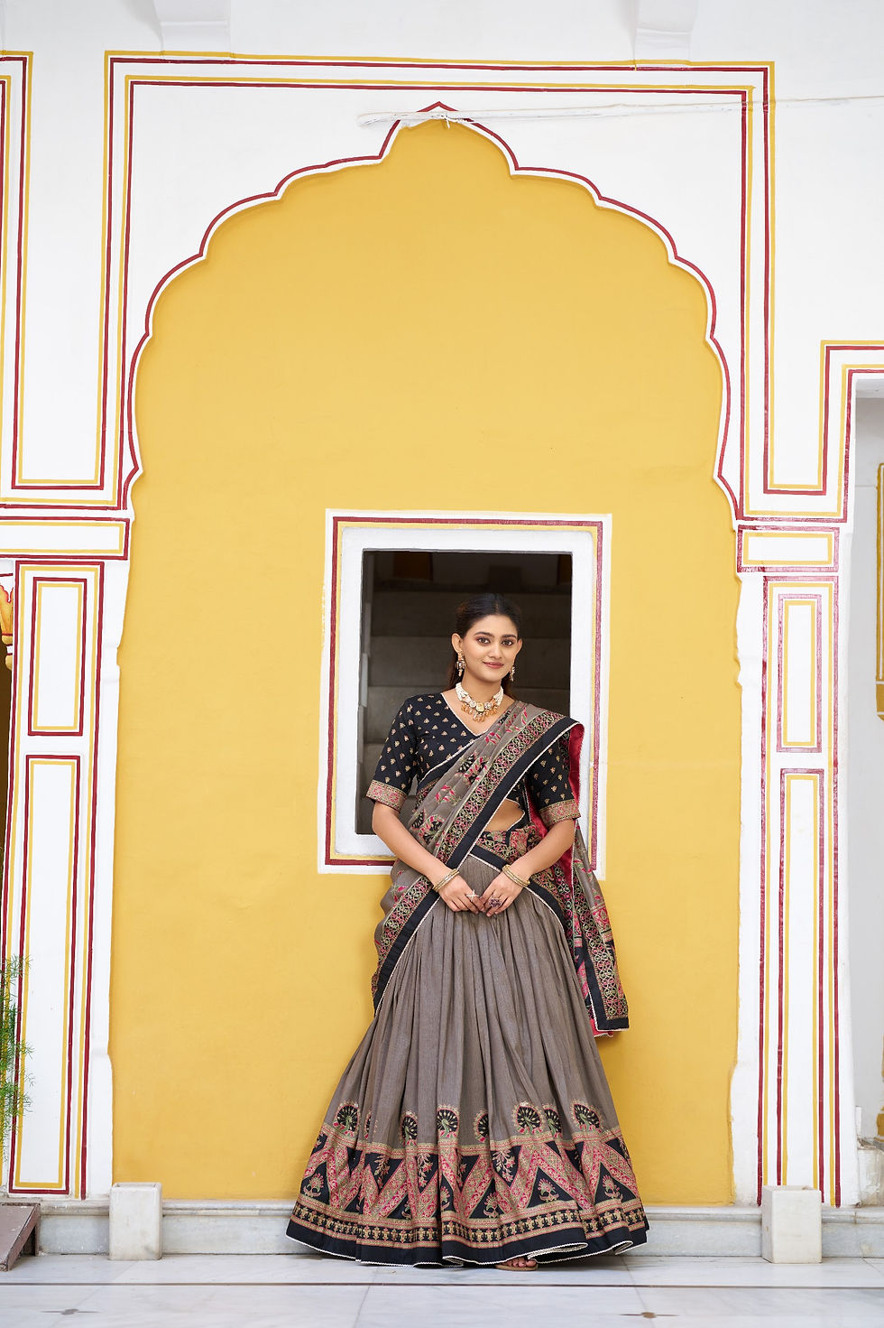 Thumbnail: Tasar Silk Lehenga Choli Set Printed Sparkle Lace Border Festive Wedding Party W