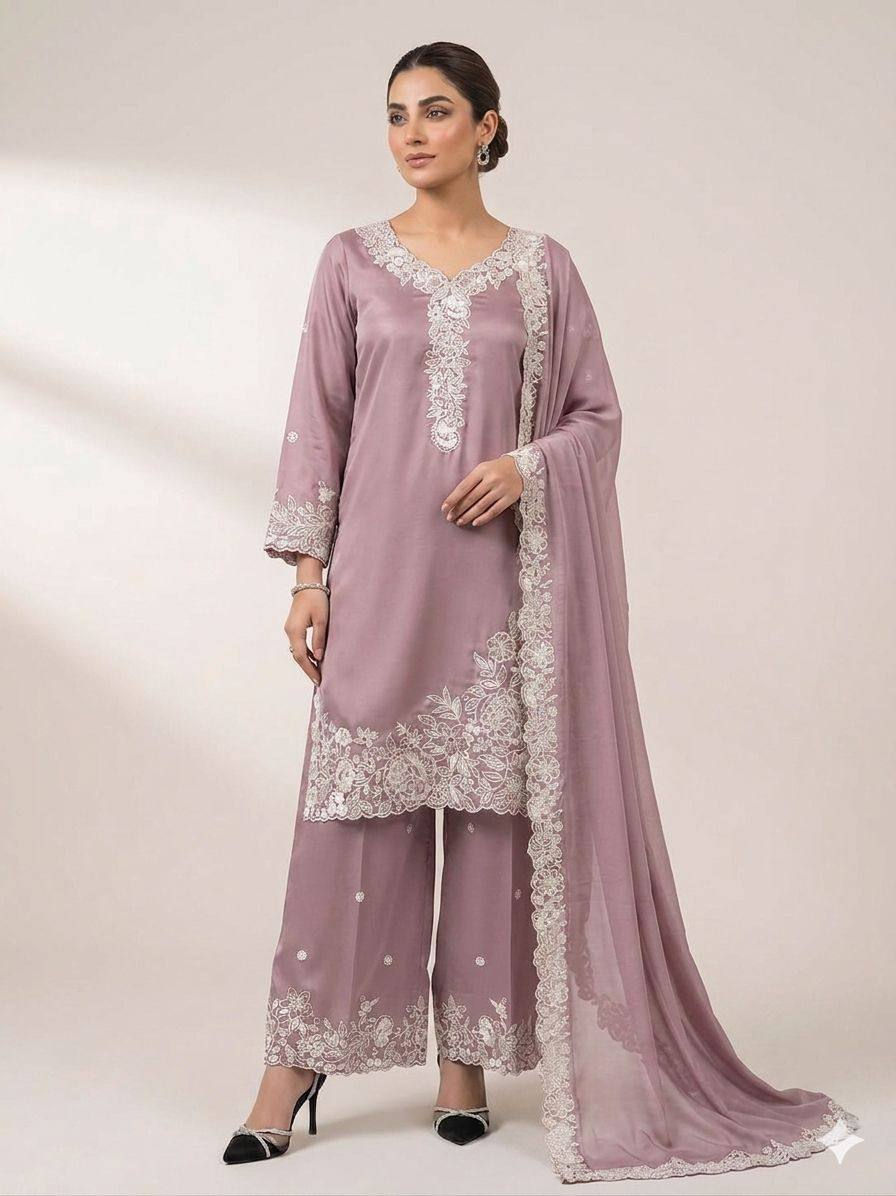 Thumbnail: French Crepe Plazzo Set Sequins Embroidery Women Festive Ethnic Outfit with Dupa