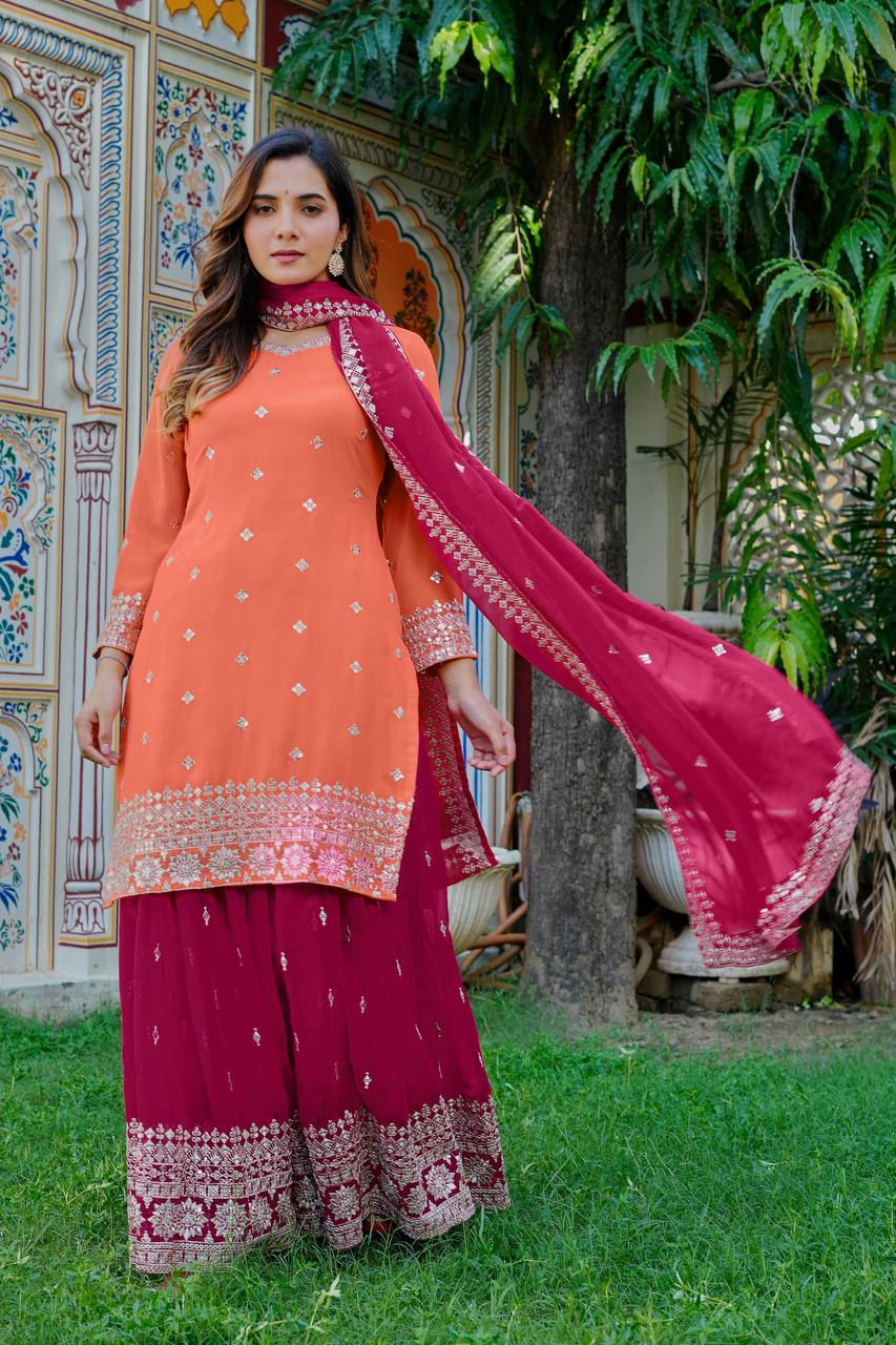 Thumbnail: Faux Georgette Plazo Set 9MM Sequin Embroidery Women Festive Ethnic Outfit Set