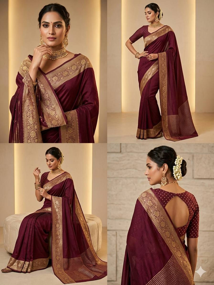 Thumbnail: Pure Ho Silk Saree with Zari Border Rich Pallu Designer Saree Set