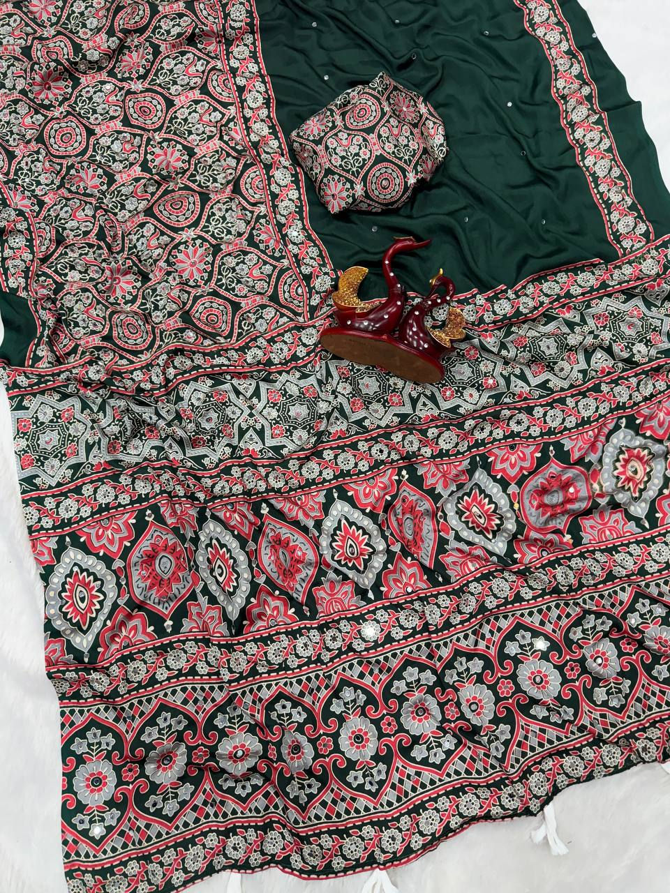 Thumbnail: Soft Crepe Silk Ajrakh Print Saree with Mirror Work Party Wear Saree