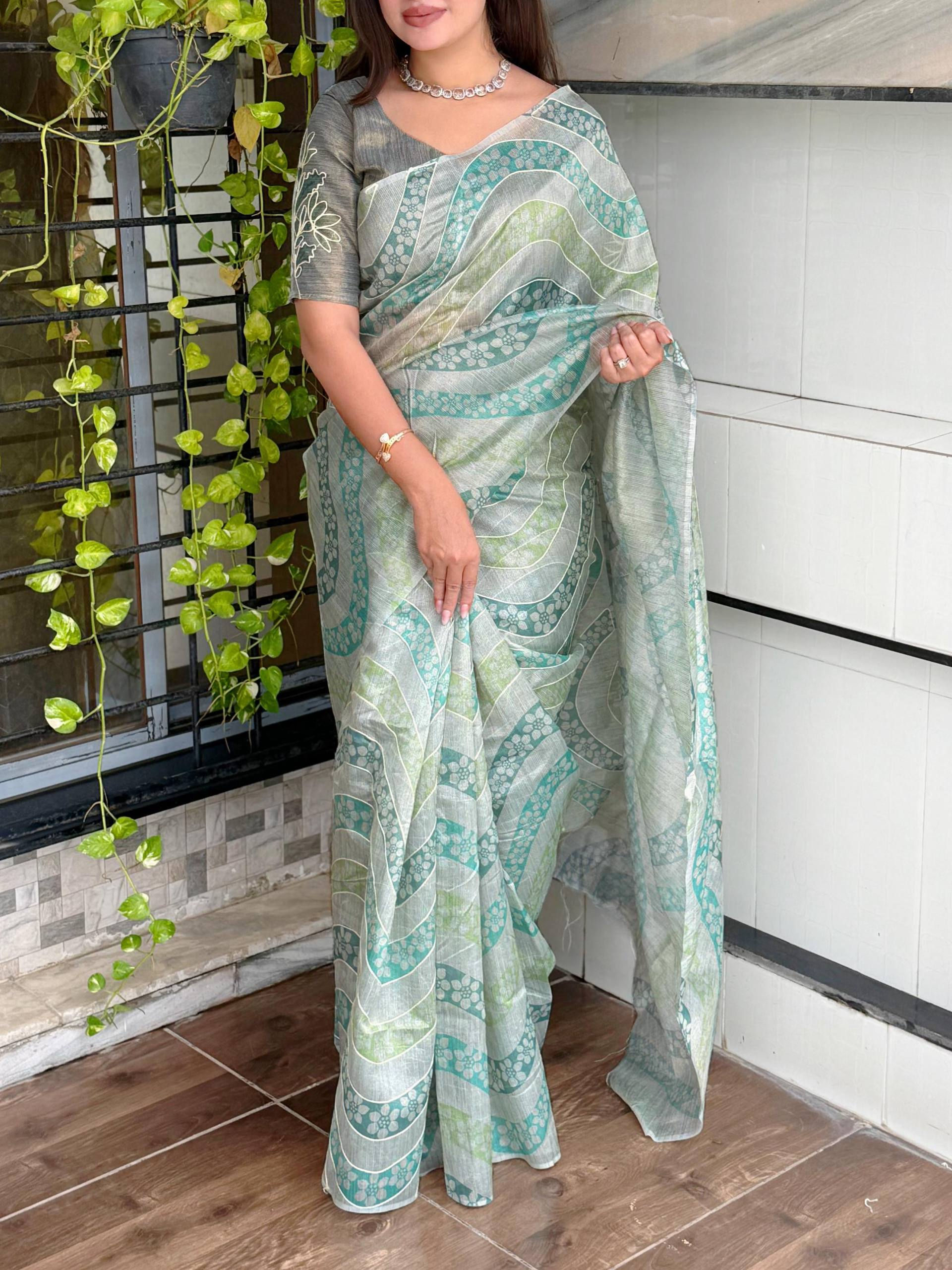 Linen Cotton Saree Copper Zari Khatha Work Digital Print Handcrafted Ethnic Wear
