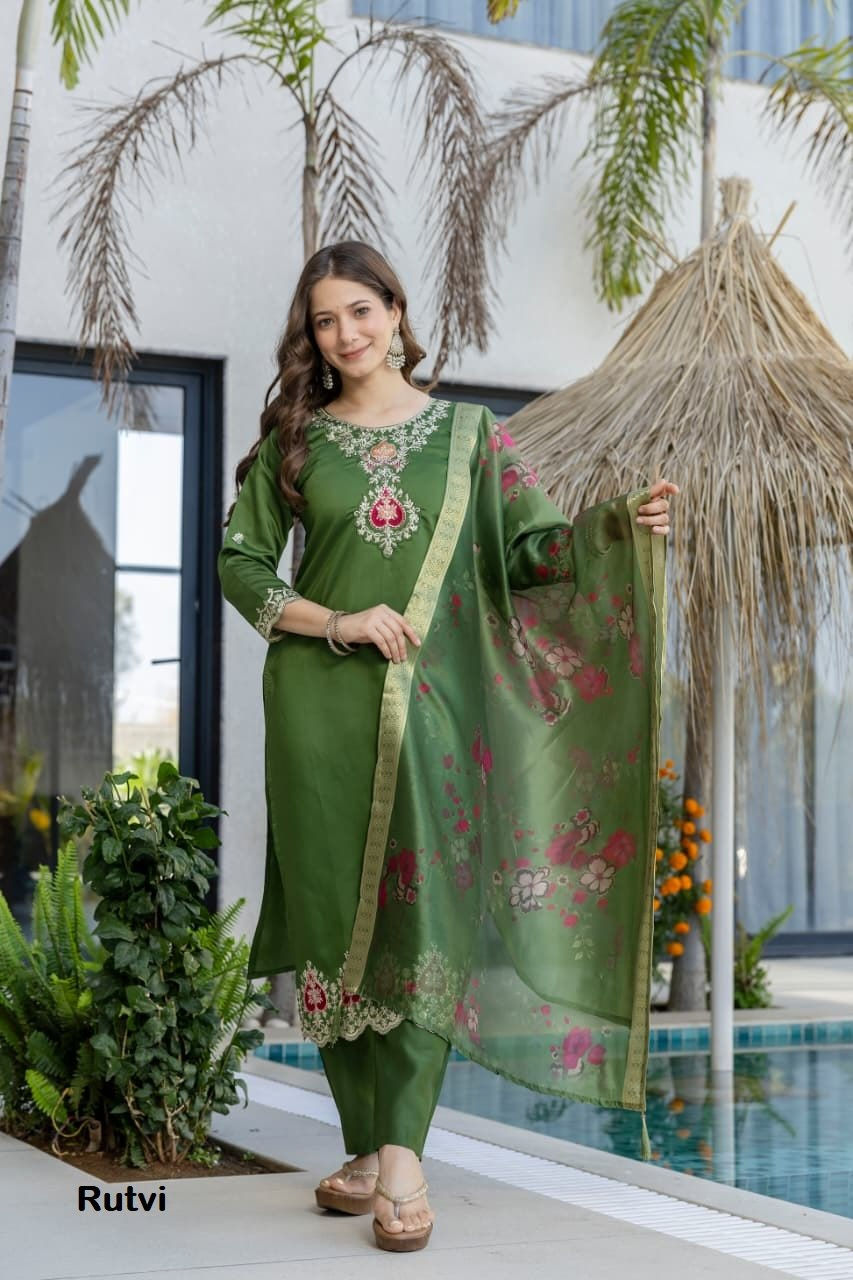 Thumbnail: Heavy Chanderi Suit Set Zari Sequins Embroidery Women Festive Outfit with Silk