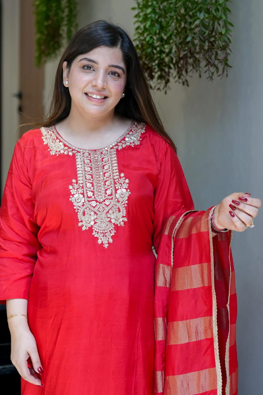 Thumbnail: Embroidered Georgette Kurti Pant Set with Dupatta Festive Ethnic Wear