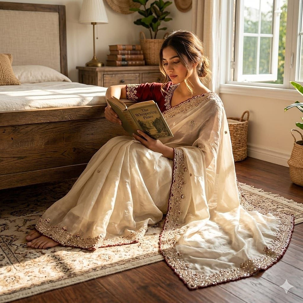 Thumbnail: Pure Space Silk Saree with Gold Beads Designer Party Wear Saree Set