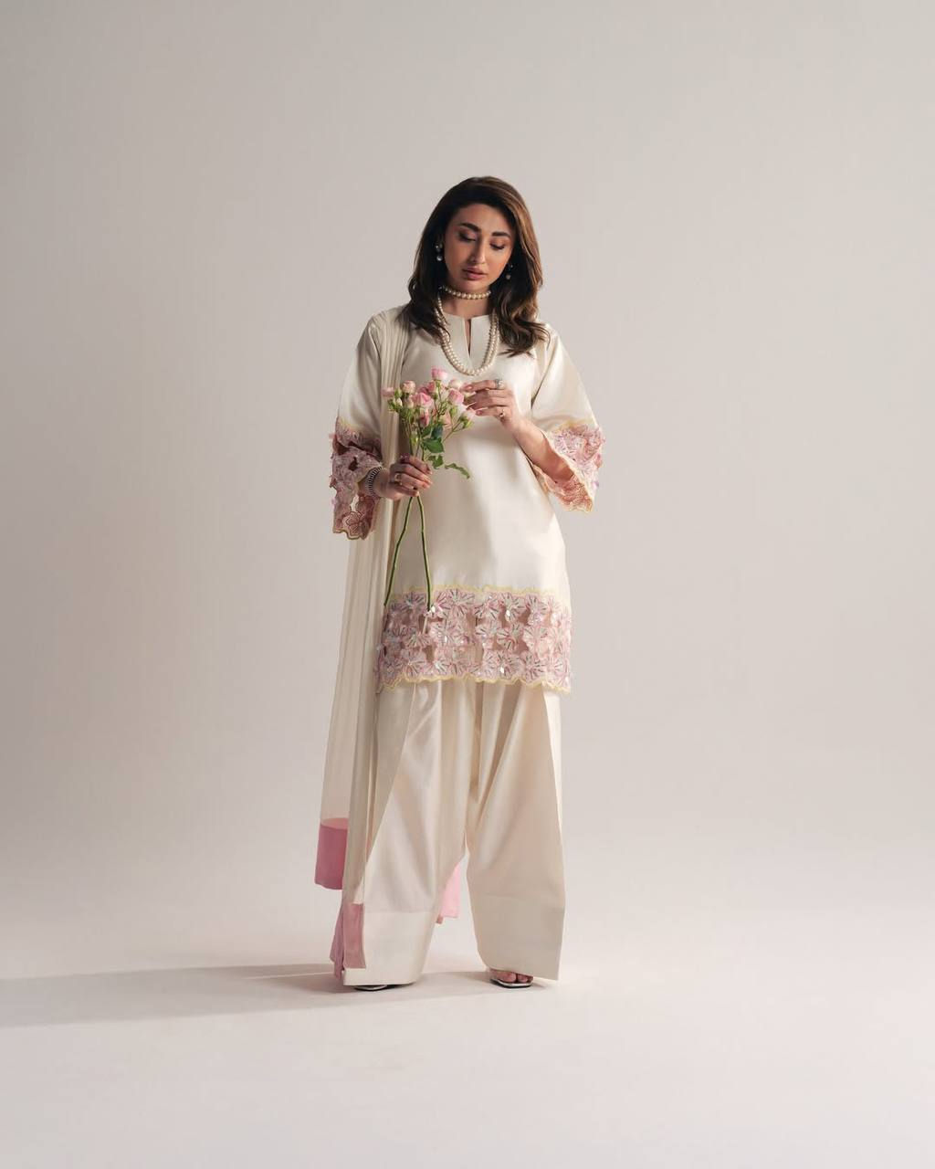 Crepe Silk Kurti Farshi Salwar Set with Moti Handwork Organza Dupatta Designer E
