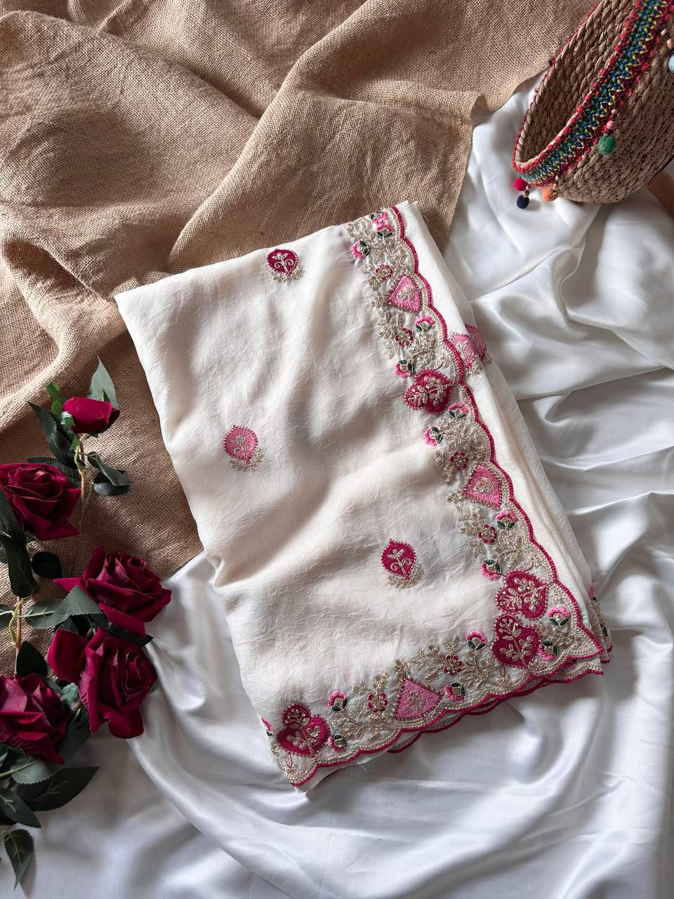 Thumbnail: Georgette Saree with Zarkhan Zari Embroidery Designer Border Contrast Blouse Par