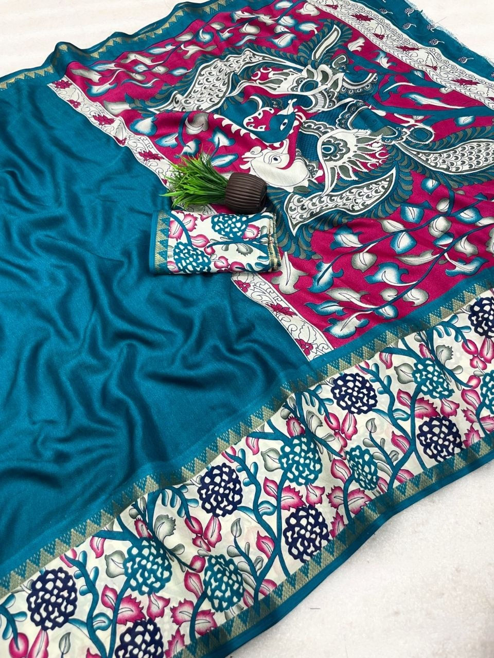 Thumbnail: Kalamkari Print Cotton Silk Saree Traditional Motif Contrast Blouse Ethnic Wear