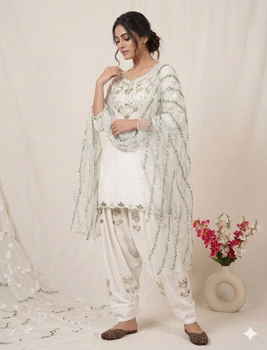 Thumbnail: Japan Satin Farshi Salwar Suit Set Embroidery Sequence Work with Organza Dupatta