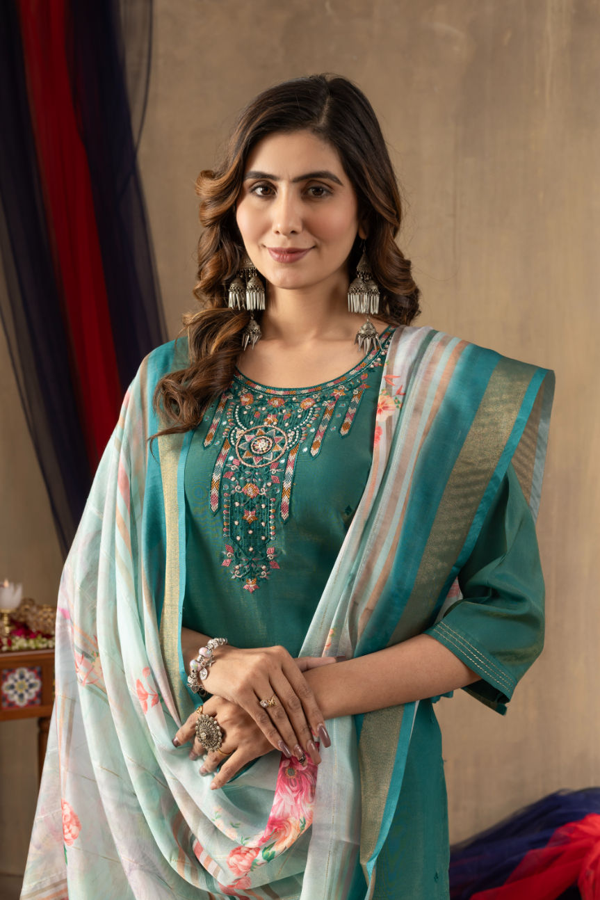 Thumbnail: Women’s Viscose Kurti Set – 3 Piece Indian Outfit with Hand Embroidery, Pants &