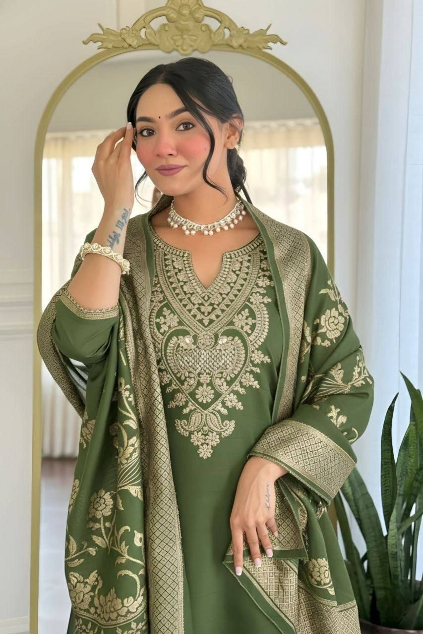 Thumbnail: Women's Cotton Blend Kurta Pant Set with Jacquard Printed Dupatta