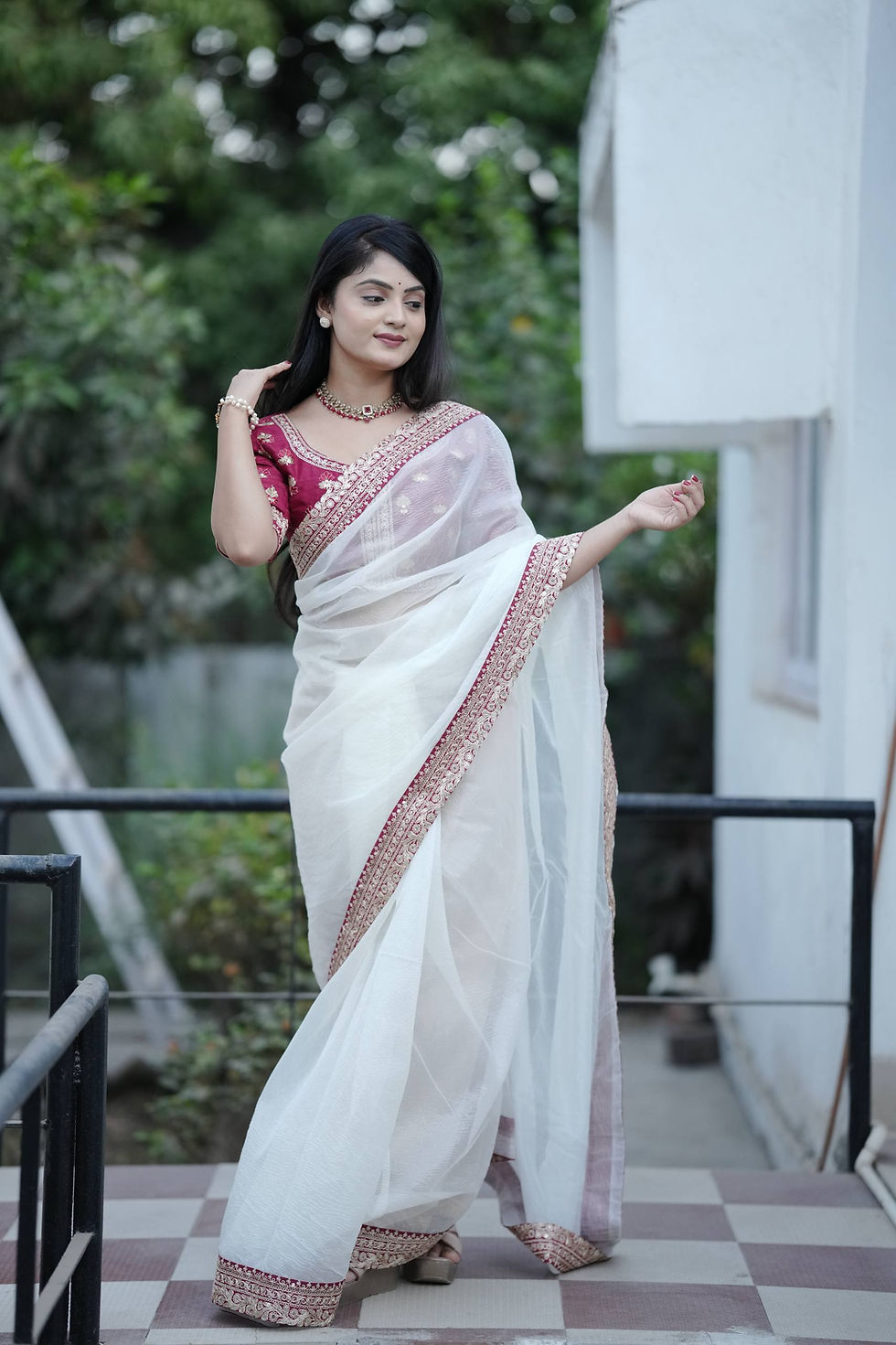 Thumbnail: Off White Banarasi Crush Saree with Sequins & Jari Dori Embroidered Lace Border
